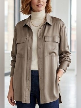 Luxurious Satin-Like Utility Blouse in Taupe/Sage Sz. L